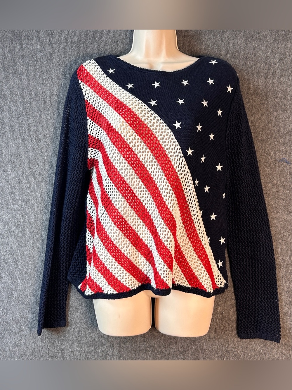 Norton Studio Sweater Womens M Petite Navy Red Flag Open Knit Patriotic USA